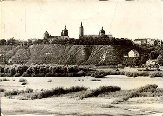 widok z 1960r.
na środku Wisły widać kępę porośniętą wierzbą krzewiastą, a na pierwszym planie widoczne są ślady po ostrogach faszynowych, które spełniły wtedy swoją rolę, bo zatrzymały piasek przy brzegu odsuwając nurt do środka koryta
