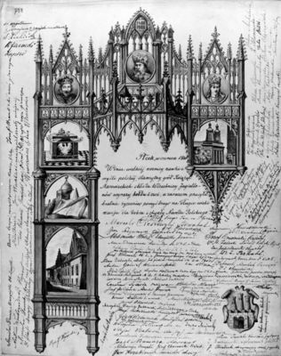 Życzenia miasta Płocka  dla Uniwersytetu Jagiellońskiego z okazji 500-lecia odnowienia UJ  (czerwiec 1900r.)
na karcie uwidocznione są autografy najznamienitszych Płocczan

