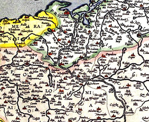 Płock i Mazowsze na mapie z 1595r. wydanej w Antwerpi
autor mapy Abraham Ortelius, który dokonał tego przez przeróbkę map W. Grodeckiego i A. Pograbki
