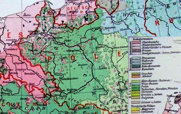 zasięg zamieszkiwania ludności wg. używania jakiegoś języka
różowym kółkiem koło Płocka oznaczono teren zamieszkiwany przez kilku/kilkunastu osadników 
- a kółko się okrutnie nadęło jakby mieszkało tam kilka tysięcy w kilkunastu wsiach 
i tu użyję może nienajlepszego porównania, aby nie określono tu antysemitą: "tak jak stodoła w Jedwabnem o wymiarach ok. 10x5m zmieściła 1600 Żydów" - to przykład jak historia czy mapy zależą od tego kto je tworzy lub rysuje
