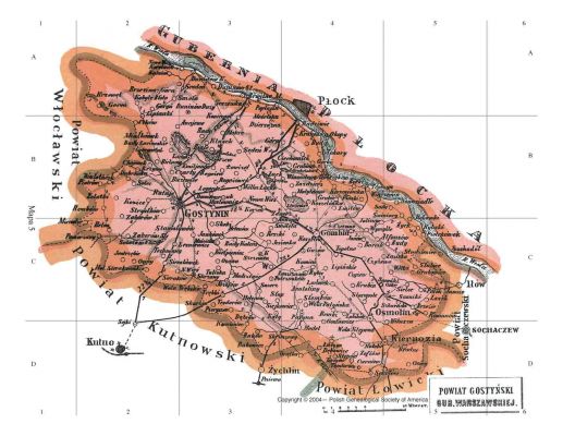 powiat Gostynin z mapy J.M. Bazewicza z 1907r.
obecny powiat płocki przeniósł się do gmin nadwiślańskich za Wisłę
