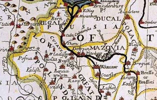 Powiększony fragment mapy wydanej w Oksfordzie w 1700r.
Autorem jest Edward Wells - matematyk i geograf Uniwersytetu na Oksfordzie. Mapa prezentowała ziemie Europy Środkowej a w tym Rzeczpospolitej w początkach XVIII w. z perspektywy brytyjskiej.
