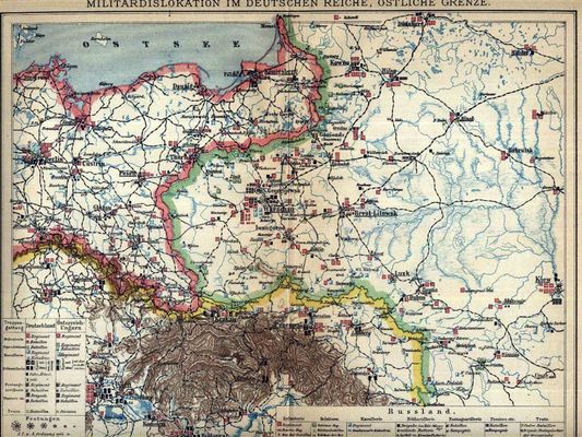 Mapa dyslokacji wojsk - 1895 rok
Brockhaus Konversations Lexikon 
STARA MAPA DYSLOKACJI WOJSK NA WSCHODNIEJ GRANICY NIEMIEC - 1895 
Wydawnictwo - Bibiogarphisches Institut 
Wydanie XIV - Lipsk 1895 rok 

