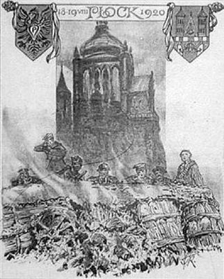Płocczanie na barykadzie w 1920r.
ilustracja na okładce książki Grzegorza Gołębiewskiego pt. "Obrona Płocka przed bolszewikami 18-19 sierpnia 1920r.", wyd. Płock, 2004r.
