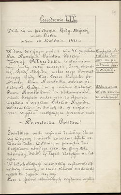 strona 1  przemówienia wiceprezesa Rady Miejskiej Romana Lutyńskiego z dnia 10.IV.1921r.
z okazji nadania marszałkowi Józefowi Piłsudskiemu tytułu Honorowego Obywatela Plocka
