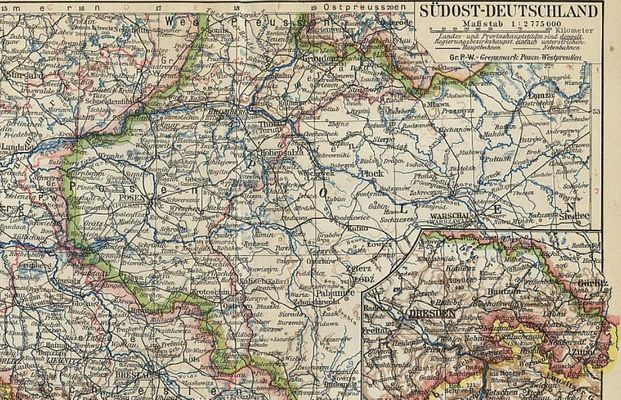 fragment Polski przedwojennej z Płockiem
na niem. mapie SUDOST-DEUTSCHLAND 1936
