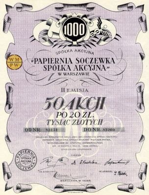 50 akcji Papierni Soczewka S.A.  z 1928r.
spółka ta zarządzała podpłocką papiernią co opisano na naszej stronie  http://www.plock24.pl/fusion/readarticle.php?article_id=395 
Słowa kluczowe: akcje papiernia Soczewka
