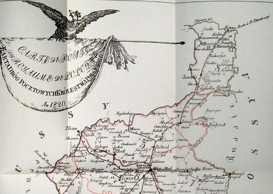 Karta Dróg Pocztowych Królestwa Polskiego 1820r.
z "Przewodnika dla podróżujących po Polsce" wyd. w 1821r.
Orzeł podobny do tego na sztandarze 4. pułku piechoty X.W.
