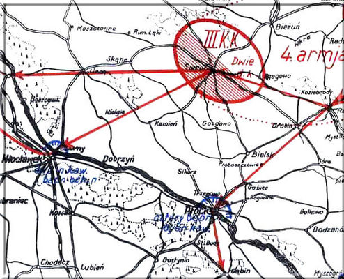 sytuacja z wojny polsko-bolszewickiej w dniu  13.VIII.1920r.
W Sierpcu znajdował się 3. Korpus Konny  Gaja-Chana Bzuyszkiana  a  w Płocku i  Włocławku polskie oddziały wojskowe.
Mapa znajduje się w "Pismach zbiorowych" t. VII 1937r. - J.Piłsudskiego.  -  to treść informacji o mapce ze źródłowej  strony internetowej 
