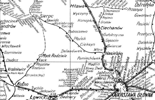 Płock na Mapie Sieci Kolejowej Rzeczpospolitej Polskiej 1934r. (schemat)
z Płocka do Sierpca w budowie
