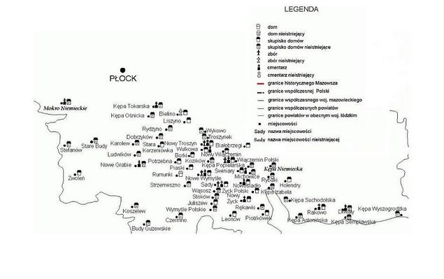 mapka osadnictwa holenderskiego i niemieckiego w okolicy Płocka
na Mazowszu od końca lat 50. XVIII w. poza wyjątkiem  Saskiej Kępy skolonizowanej w 1628 r.
