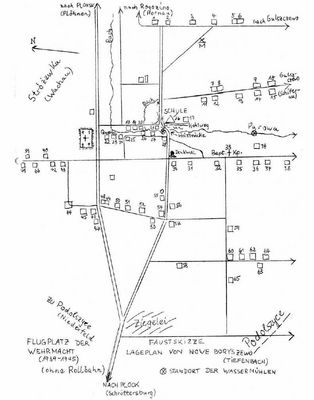 odręczny plan Nowego Boryszewa
stan do 1945r. Ciekawostka: rzeczka Rosica nazywa się dla kolonistów rzeczką "Bach"
Słowa kluczowe: plan Nowe Boryszewo