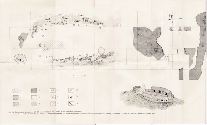 plan odkrytych konstrukcji i rekonstrukcja grodziska  z VI- VII w.  w Szeligach koło Słupna
Źródła:
"KULTURA PRADZIEJOWA NA ZIEMIACH POLSKICH- zarys" Jerzy Gąssowski


