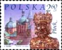 wartości 2,60 zł - hermę - relikwiarz św. Zygmunta, z daru Kazimierza Wielkiego w 1370 r., w formie popiersia, obecnie przechowywany w kościele Wniebowzięcia Najświętszej Marii Panny w Płocku, w tle założenie zamkowo - katedralne na Wzgórzu Tumskim.
projektant: Andrzej Gosik 
data obiegu: 1.07.2002 r.

