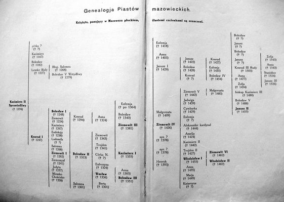 Genealogia Piastów mazowieckich - książęta panujący na Mazowszu płockim są oznaczeni pogrubionym drukiem
Fotografia fragmentu książki pt. "Płock - Monografia Historyczna" abp. A.J.Nowowiejskiego - wydanie II - 1930 rok
