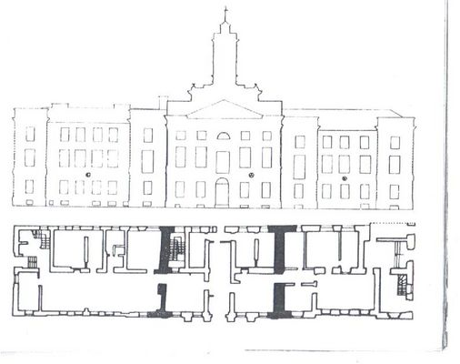 Szkic bryły ratusza i plan parteru
A - bryła ratusza z 1825 roku projektu Jakuba Kubickiego
B - kamienica stary rynek 17 przyłączona do ratusza w 1928 r. - prawa strona
C - kamienica stary rynek 15 po przebudowie w 1838-1840 r. - lewa strona
Słowa kluczowe: ratusz, magistrat