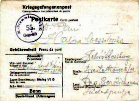 kartka pocztowa ze Stalagu VI G Bonn do płocczanki pani Haliny Wesołowskiej
***
