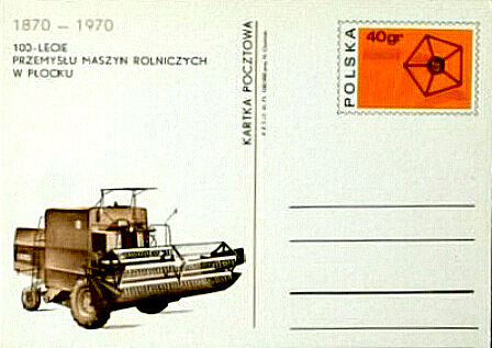 100 - lecie przemysłu maszyn rolniczych w Płocku, 1870 - 1970
rocznicowa kartka pocztowa
Słowa kluczowe: przemysł rolniczy w Płocku 1970r. kartka pocztowa