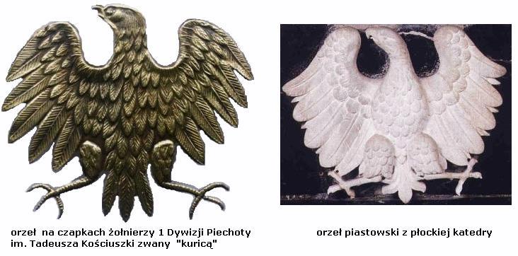 piastowski orzeł z płockiej katedry wzorem dla "kuricy" na czapkach żołnierzy w Sielcach nad Oką
tak przezwano orła bez korony na czapkach żołnierzy 1 Dywizji piechoty im. Tadeusza Kościuszki - zrobionego według pomysłu polskich komunistów w 1943r. 
