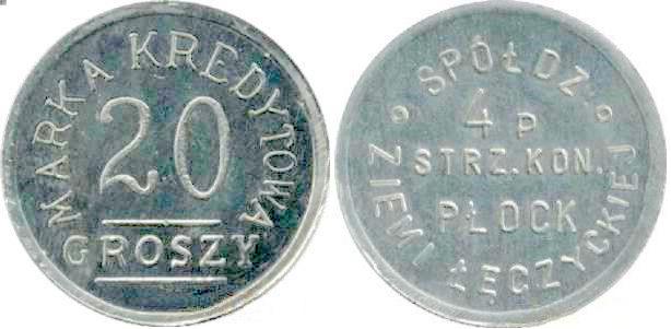 kopia monety  20-groszowej 4. Pułku Strzelcóów Konnych w Płocku
w oryginale bita w cynku o średnicy  21,1mm
Słowa kluczowe: moneta  4. PSK