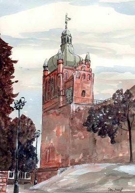 Zamek Książąt Mazowieckich - jedna z wież (zegarowa). Zamek był otoczony najwyższym w Polsce 17 metrowym murem
obraz namalowany farbą akrylową na papierze Fabriano - mal. Ewa Pluskiewicz
Słowa kluczowe: zamek mal. Ewa Pluskiewicz