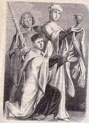 Mężczyzna i kobieta składający ofiarę, z tyłu giermek z mieczem - 13 wiek, rysunek z patyny Juliusza Kossaka znajduje się w katedzrze płockiej
wg. drzeworytu z 1862r. z czasopisma "Tygodnik Ilustrowany" 
