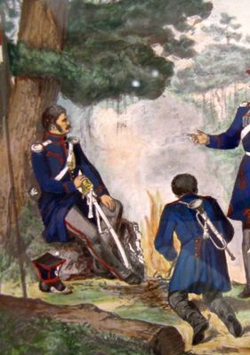 jeździec i trębacz z  1 Pułku Jazdy Płockiej
1 Pułk Jazdy Płockiej powstał z jazdy 50-dymowej w grudniu 1830r. i istniał do 13.VI.1831r.  - dowódcy: p-łk Wincenty Kisielicki a od 1.IV.-13.VI.1831r. major Pisarzowski. Potem przemianowany na 8 Pułk Ułanów Królestwa Kongresowego. 
Słowa kluczowe: 1 Pułk Jazdy Płockiej jeździec trębacz