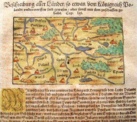 mapka o rozmiarach 13,2cm x 8cm
w słynnej kronice Sebastian Munstera (1488-1552)  pt. "Cosmographia", tu autorstwa Henric Petri - wyd. Bazylea 1588r. 
Słowa kluczowe: Płock mapka Munstera 1588r.