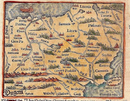Płock  -  Plocia  na mapie z 1570r.
KOLOROWANY DRZEWORYT POCHODZI Z DZIEŁA "Cosmographia Sebastian Munster" WYDANEGO Basel Bazylea 1570r. Odbita z klocka wykonanego przez Münstera w 1550 r. na podstawie mapy J.Hontera. Nad mapą tytuł rozdziału: "Von dem Königreich Pola[n]dt / das in Sarmatia auch begriffen wird [...]".
Słowa kluczowe: mapa 1570r.