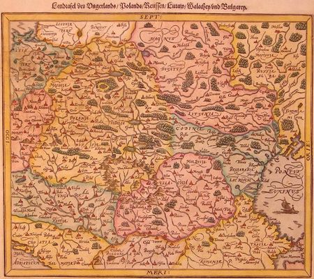 druga wersja mapy Węgier i ziemi Rzeczypospolitej spośród publikowanych w "Kosmografii" Sebastiana Munstera
opracowana w 1588r.
