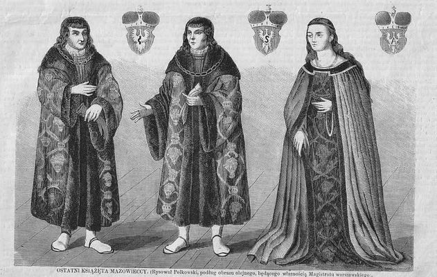 Ostatni Książęta Mazowieccy Janusz, Stanisław i Anna
książęta ubrani w szuby, orzeł w herbie bez korony, znaki w herbie - "S" - Stanislaus.  Drzeworyt z 1862r. z czasopisma "Tygodnik Ilustrowany"
