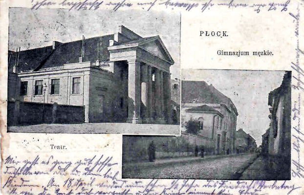 gimnazjum męskie i teatr
na pocztówce wysłanej z Płocka w dn. 12.04.1915r.
Słowa kluczowe: gimnazjum męskie i teatr Płock