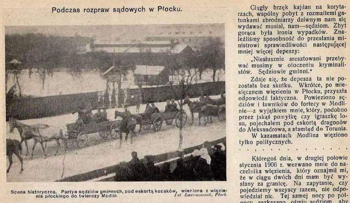 zdjęcie do artykułu o głośnym procesie płockich sędziów i ławników z 1909r.
powodem tego procesu było żądanie zgody na pisanie pozwów i akt w języku polskim (w artykule opisano wrażenia z aresztu i procesu)
Słowa kluczowe: głośny proces płockich sędziów i ławników z 1909r.