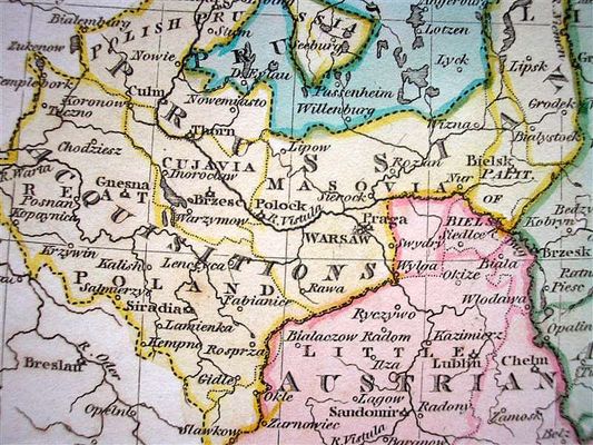 Płock w granicach Polski po III Rozbiorze
miedzioryt przygotowany do druku przez Johna C. Russel'a, w atlasie opracowanym przez Thomasa Ostell'a. Wyd. w oficynie  Baldwin, Craddock & Joy, Londyn 1811r.
Słowa kluczowe: mapa Polski 1811r.