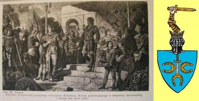 herb Belinów i rysunek z uroczystego powitania Żelisława Beliny przez Krzywoustego w Płocku Wojciecha Gersona 
1103r. Bolesław III wita uroczyście powracającego z wyprawy morawskiej Żelisława, któremu wręcza złotą rękę wartą fortunę. Płocki rycerz stracił rękę w walce z czeskim Swetopełkiem i przyprowadził królowi siłę niewolników. Stąd ręka z mieczem w herbie Belinów 
Słowa kluczowe: Żelisław herb Belinów Krzywousty