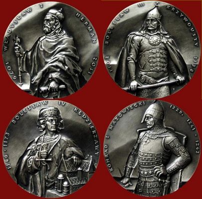 Piastowie na medalach autorstwa Ewy Olszewskiej-Borys
z "Serii Królów" wydanej w latach 1985-2003  
Słowa kluczowe: medale Piastowie