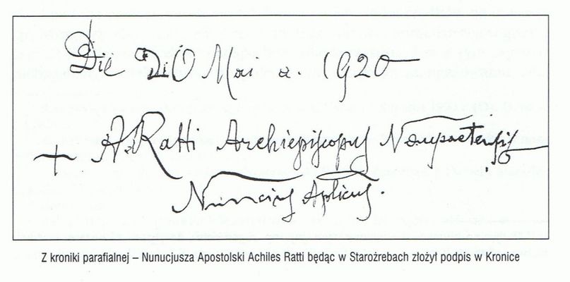 autograf nuncjusza będącego w Satroźrebach w 1920r.
reprodukcja z książki pt. "STAROŹREBY z dziejów parafii i gminy" 
Słowa kluczowe: autograf uncjusza 1920r. Staroźreby