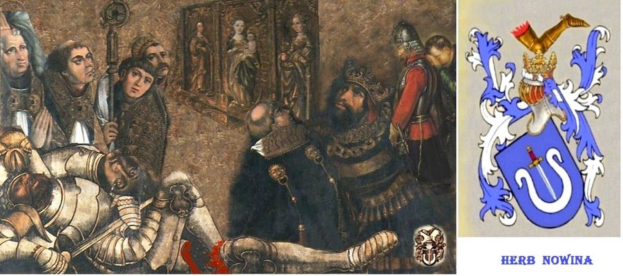 Bolesław III Krzywousty i jego rycerz rotmistrz Nowina, który stracił nogę w służbie księciu 
na obrazie nieznanego malarza
Kilka wersji okaleczenia rycerza w służbie księciu opisano na stronie: 
http://familia-lison.com/legenda.htm
Słowa kluczowe: Bolesław III Krzywousty i jego rycerz rotmistrz Nowina, który stracił nogę w służbie księciu obraz