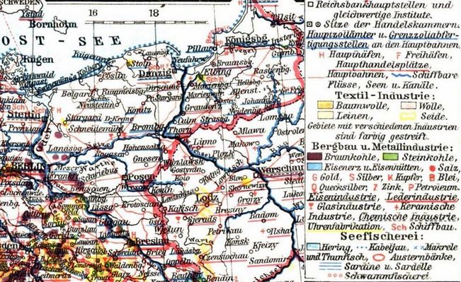 Handel und Industrie Mitteleuropas, 1911
"Plotzk" podkreślono linią ciągłą i przerywaną, które oznaczają: ______ Eisenindustrie,  -------- Chemische Industrie. Proszę naszych tłumaczy o wyjaśnienie, czy Płock miał w 1911r. przemysł chemiczny ?
Słowa kluczowe: 1911  przemysł Płock mapa