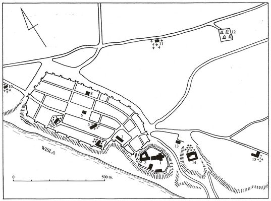 Płock około 1500r.
1- katedra, 2- zamek, 3- pałac biskupi, 4-kościół św. Trójcy i szpital, 5- kolegiata św. Michała, 6- ratusz, 7-kościół farny św. Bartłomieja, 8- synagoga, 9- mury miejskie, 10- kaplica św. Filipa i Jakuba, 11- kaplica św. Idziego, 12- cmentarz żydowski, 13- kościół i klasztor dominikanek, 14- kościół i klasztor dominikanów, 15- kościół i klasztor norbertanek
Słowa kluczowe: mapa Płock 1500r.
