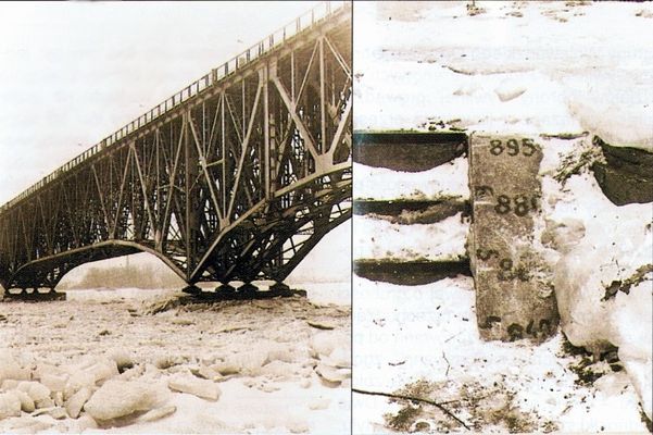 zator sięgający podpór mostu. Na zdjęciu obok: część wodowskazu w Płocku
fot. IMGW
