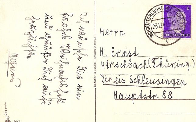 Pocztówka
Stempel: Schröttersburg 23.12.1941
Słowa kluczowe: Schrottersburg