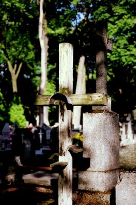 Krzyż drewniany na Starym Cmentarzu
Krzyż drewniany na Starym Cmentarzu, po prawej stronie alei prowadzącej od wejścia do kaplicy Górnickich,
blisko kaplicy. Krzyż z unikalnymi podstawkami na kwiaty. 
Zdjęcie skanowane z Superia XTRA 400
