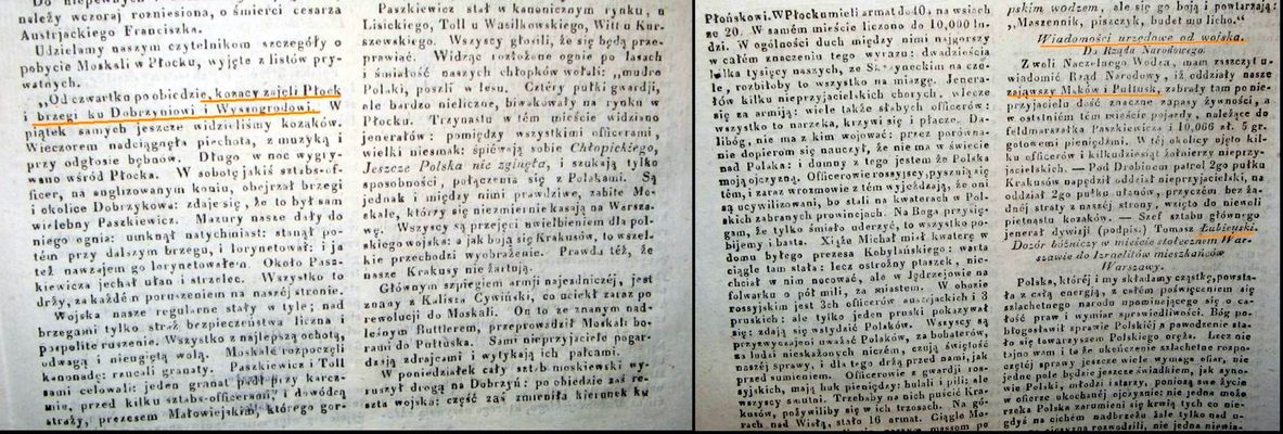 fragment artykułu o pobycie moskali w Płocku 
Kuryer Polski nr 567 z 15 lipca 1831r.
Słowa kluczowe: Kuryer Polski nr 567 z 15 lipca 1831r. moskale powstanie listopadowe Płock