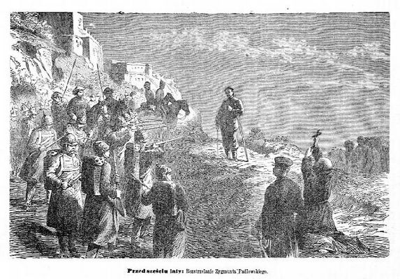 Scena rozstrzelania Zygmunta Padlewskiego pod murami Płocka w dniu 15.05.1863. - rycina pochodzi z:  "Sobótki" nr 25 z 19.06.1869r. s.204
Z. Padlewski (1.01.1863 Płock) członek Komitetu Centralnego Narodowego, naczelnik województwa płockiego w powstaniu styczniowym. Uczeń korpusu kadetów, potem Akademii Artyleryjskiej w Petersburgu, skończył służbę wojskową jako porucznik, od 1861 związany z polskim ruchem niepodległościowym na emigracji, od X 1862 w kraju jako jeden z czołowych działaczy powstańczych
Słowa kluczowe: rozstrzelanie Zygmunt Padlewski 15.05.1863r. powstanie styczniowe 